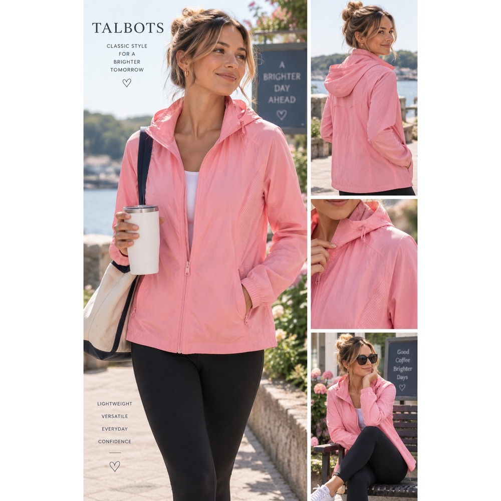 T by Talbots Pink Perforated Mesh Windbreaker Jacket Hooded Full Zip Petite L